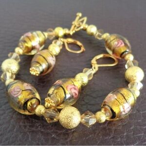 Golden Oval Lampwork Jewelry Set, Golden Lampwork Necklace